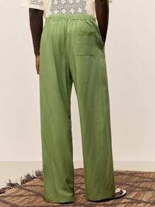 Ontre 2025 Summer Men's Casual Solid Color Drawstring Waist Pockets Vacation Beach Holiday Everyday Versatile Pants, Music Festival Style - Green - View 5