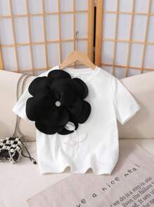 Tween Girls Tricou cu mânecă scurtă, cu mânecă scurtă, cu decor floral 3D, de culoare uni, din tricot, alb