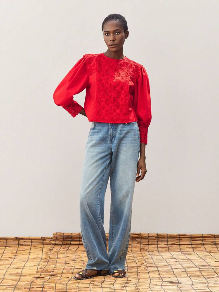 SHEIN Maija Women's Autumn Red Hollow Embroidery Patchwork Blouse, Casual Loose Fit, Modern Resort Style, Soft & Comfortable, Bohemian Western Vibe, Suitable For Holiday And Festive Occasions Modern Urban Casual Fashion Business Casual Women's Office Wear