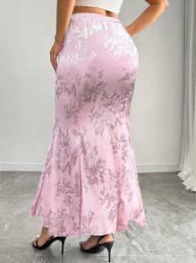 SHEIN Unity Plus Size Elegant Jacquard Mermaid Skirt Fall Cloth For Women - Pink - View 2