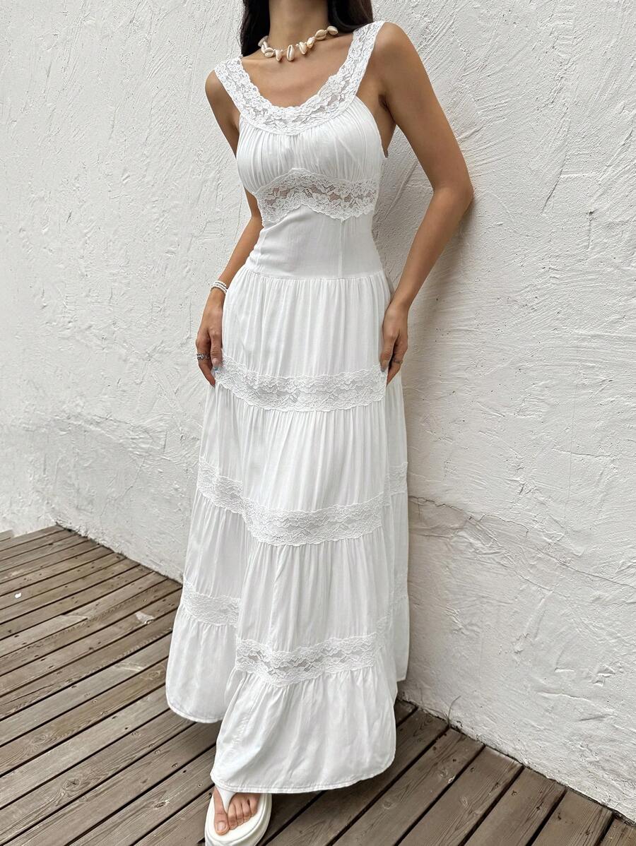 SHEIN EZwear 女式夏季度假撞色蕾丝荷叶边下摆连衣裙 - 白色 - 查看 1