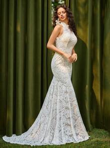Glamrae 婚纱礼服：立领、无袖露背设计，优雅性感飘逸的鱼尾A字裙，凸显新娘的优雅气质——完美适用于婚礼仪式、正式庆典、红毯活动、豪华招待会和晚宴，以及户外森林海滩度假等夏季各种场合。 - 白色 - 查看 5