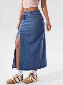SHEIN PETITE Women's Washed Denim Asymmetric Pocket Slit Skirt, Summer - Light Wash - View 4