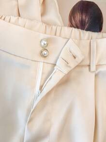 GlowEve CURVE 2pcs Women Elegant Simple Casual Satin Round Neck Ruffle Sleeve Top + Shorts Suits - Apricot - View 7