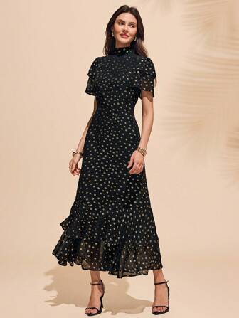 Almamuse Women's Elegant Gold Foil Black Dress, Fashionable For Summer Ruffle Polka Dot High Neck Dress