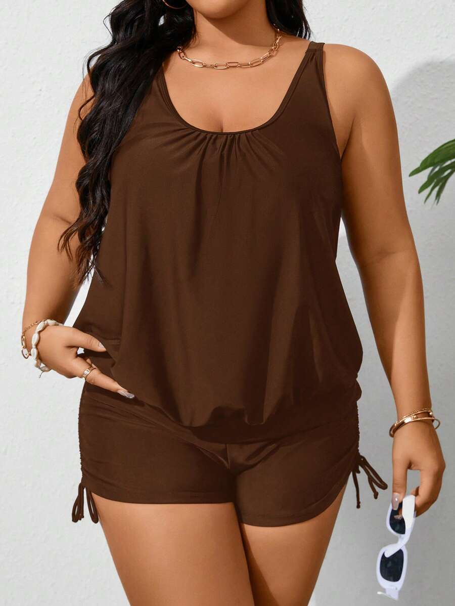 Swim Lushoire Plus Size Camisole-Style Solid Color Bikini Top, Fashionable For Summer - Coffee Brown - View 1