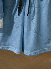 2pcs/Set Young Boys Summer Short Sleeve Top And Shorts Set, Denim Effect Casual Outfit - Blue - View 7