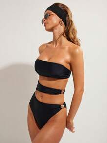 COSMINA 1pc Women's Solid Color Hollow-Out Bandeau One-Piece Swimsuit - Black - View 1