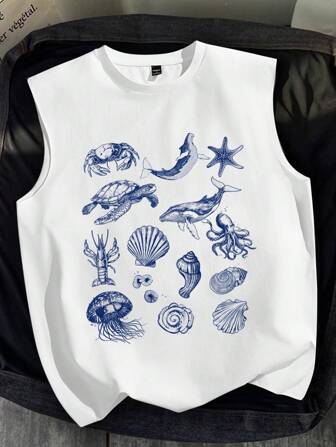 Manfinity Chillmode Standard Size Men's Casual Vacation Marine Life Print Tank Top, Suitable For Spring And Summer
