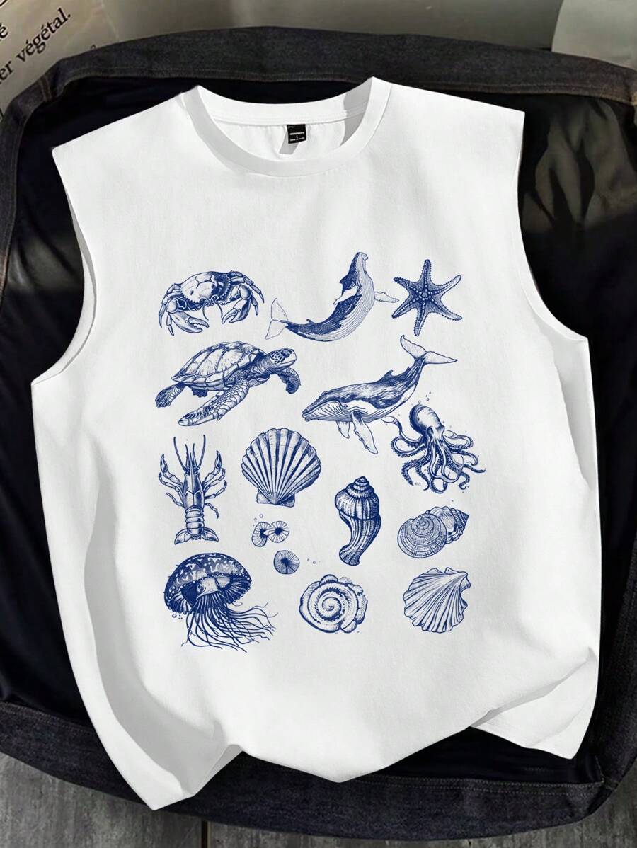 Claim Dot Camiseta de tirantes casual de talla estándar para hombre con estampado de vida marina, adecuada para primavera y verano - Blanco - Ver 1