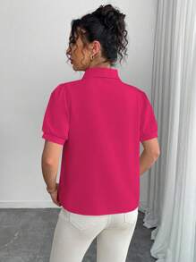 SHEIN Unity 复古中国风纽扣装饰短袖衬衫 - 玫紅色 - 查看 2