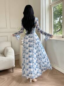 Feyla Women's Elegant Floral Print Waist Flared Sleeve Long Dress  Wedding Guest Dress Women   Airport Outfit For Women  Summer Outfits For Women  Concert Outfit Women   Tea Party Dress  Birthday Women Outfits  Back To School