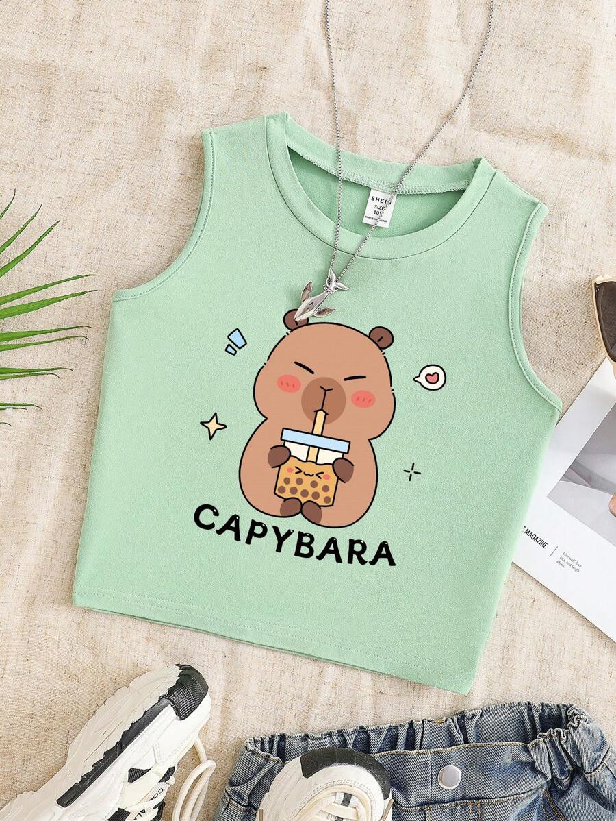 SHEIN Girls' Pearl Milk Tea Capybara Print Round Neck Cute Green Tank Top, For Big Tween Girl - Green - View 1