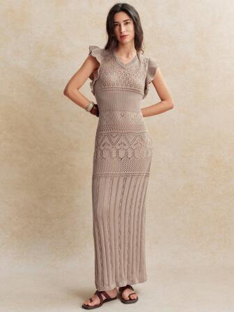 Écloséra Fransk Slim Fit ärmlös stickad ihålig volangdesign Khaki klänning för kvinnor, vår och sommar