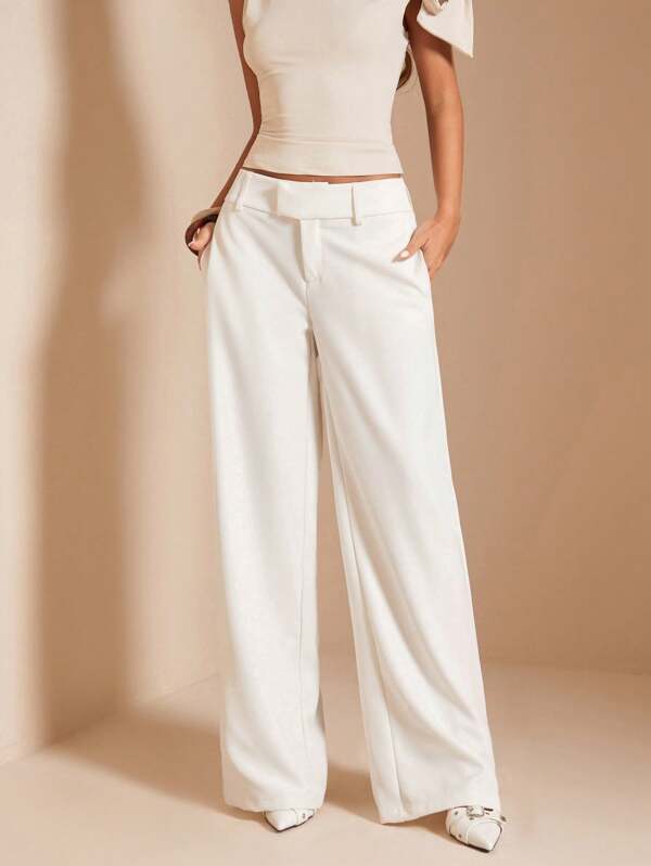 SHEIN BAE Women Solid Cream White Straight Leg Pants, Minimalist Fashion Low Rise Wide Leg Casual Pants For Daily, Holiday, Office Wear, Spring/Summer Work Pants
