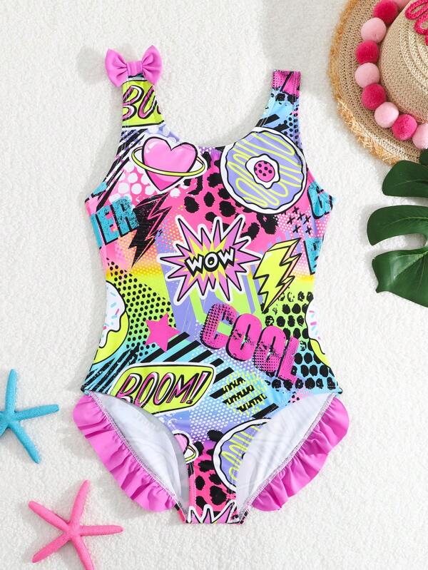 1pc Tween Girls Colorful Floral Print Ruffle Edge One-Piece Swimsuit