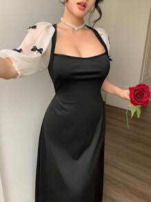 Modelyn 女式复古奢华泡泡袖收腰黑色中长连衣裙 - 黑與白 - 查看 1