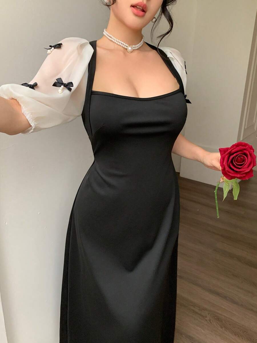 Modelyn 女式复古奢华泡泡袖收腰黑色中长连衣裙 - 黑與白 - 查看 1