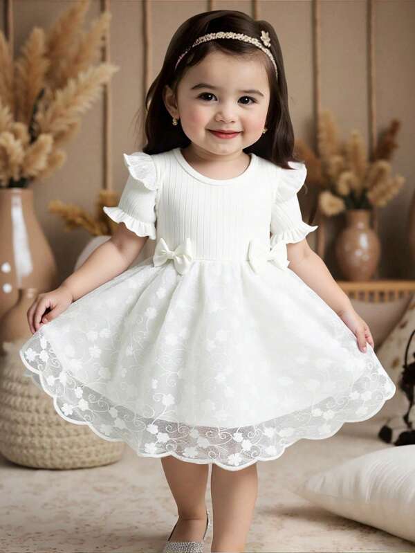 Baby Girls Cute Embroidered Mesh Dress With Bow Detail - Short Sleeve, Round Neck, Elastic Polyester Blend, Casual Style, Suitable For Party And Gift, Girls Dress