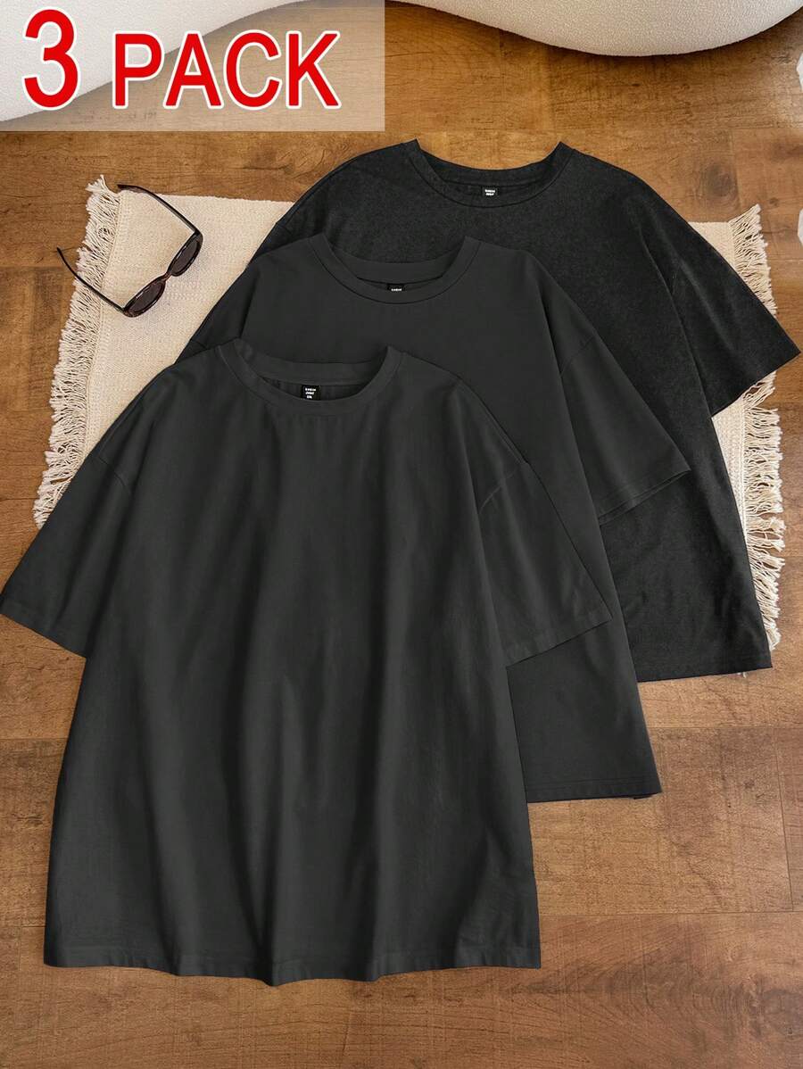 SHEIN EZwear 3pcs/Set Plus Size Black All-Match Loose T-Shirts, Round Neck Versatile Short Sleeve Tops, Spring/Summer - Black - View 1