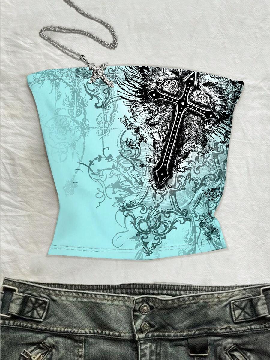 INAWLY 女式哥特式复古紧身休闲十字印花短款上衣 - 彩色 - 查看 1