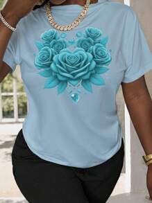 INAWLY Women's Red Big Rose Printed Fitted T-Shirt, Summer