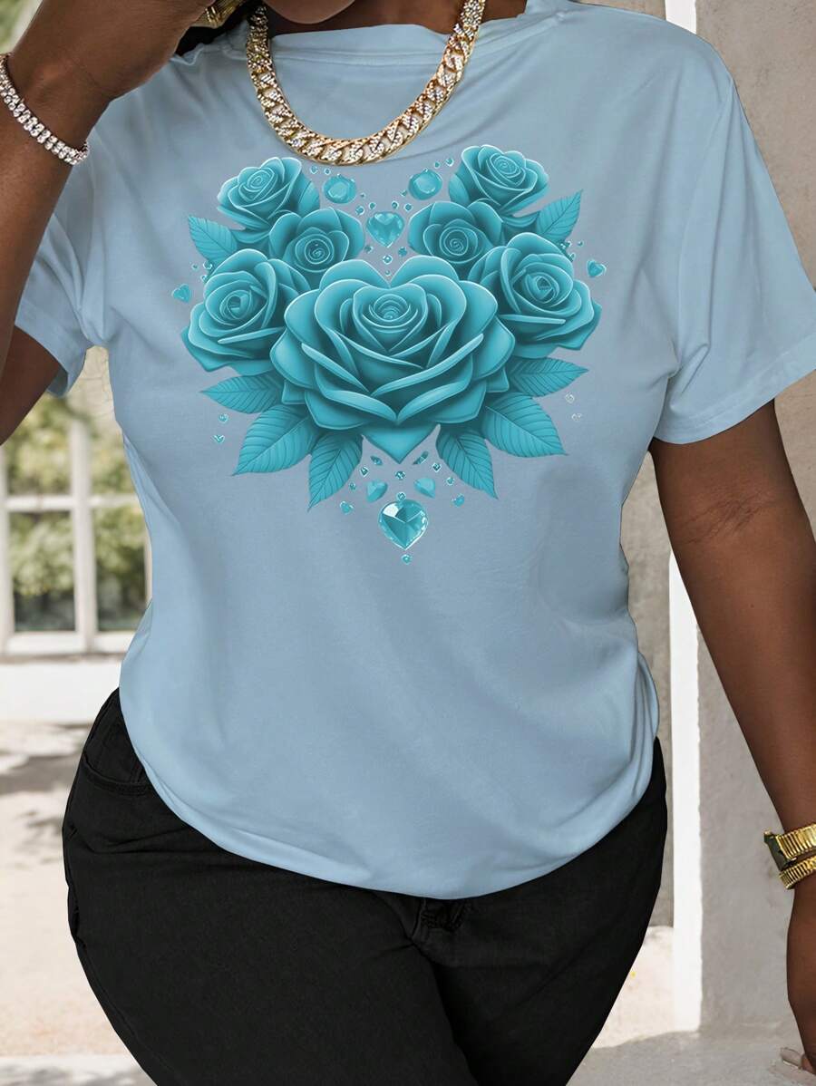 INAWLY Women's Red Big Rose Printed Fitted T-Shirt, Summer