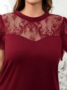 SHEIN Clasi Plus Size Women Lace Patchwork Short Sleeve Top - Burgundy - View 4