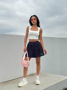 SHEIN EZwear EZwear Summer Loose Casual Drawstring Waist Patch Detail Sports Shorts - Navy Blue - View 3