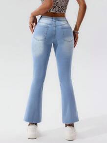 SHEIN EZwear 女式休闲日常破洞喇叭裤，带斜口袋