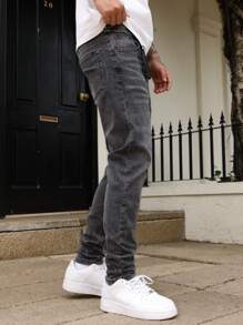 Manfinity Homme Men's Solid Color Casual Denim Jeans, Suitable For Summer - Black and White - View 3