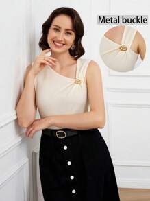 Miaspire Áo ba lỗ thường ngày trang trí khóa kim loại dây đeo bất đối xứng cho nữ, mùa xuân và mùa hè - trắng - Xem 3