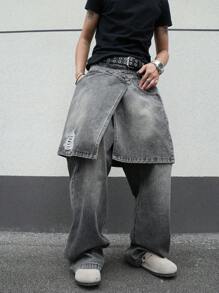 Manfinity EMRG Men's Dark Grey Denim Jeans With Zipper Detail And Unique Layered Kilt Design Long Length Fashion-Forward Style - Dark Grey - View 8