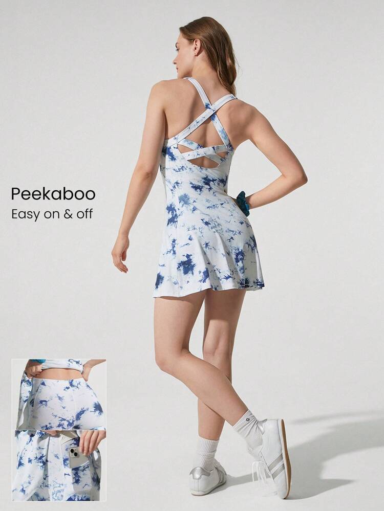 Vestido mini FeatherFit™-Air con short incorporado, cuello de escote cuadrado, antideslizante, cruzado, de soporte ligero, de secado rápido, que absorbe la humedad, para primavera y verano
