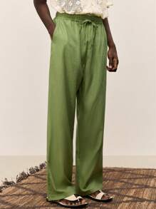 Ontre 2025 Summer Men's Casual Solid Color Drawstring Waist Pockets Vacation Beach Holiday Everyday Versatile Pants, Music Festival Style - Green - View 3