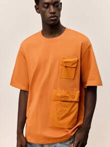 Ontre Camiseta de manga corta cuello redondo de unicolor con bolsillo parche para hombre, adecuada para el verano