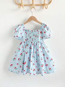 Loomiva Young Girl's Simple Gingham Cherry Pattern A-Line Bubble Short Sleeve Dress, Casual Chic For Spring/Summer - Multicolor - View 2