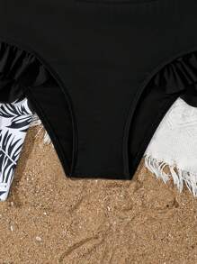 青少年女孩三件套泳衣套装 - 随机印花，专为 8-12 岁女孩设计，霓虹蓝纯色比基尼 + 热带印花罩衫，分体式设计兼顾时尚与功能性