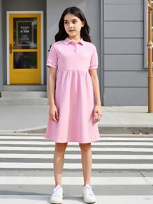 Sporty Ribbed Striped Collar Front Open Sweater Dress - Pink - View 4