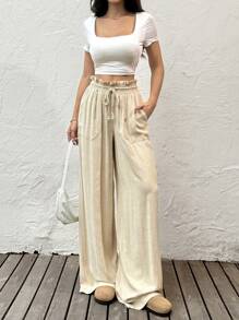 SHEIN EZwear Quần túi giấy rút eo màu trơn, quần dài rộng rãi thoải mái cho kỳ nghỉ - Màu be - Xem 4