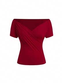 SHEIN Clasi Classic Women V-Neck Pleated Wrap Fitted Short Sleeve Elegant Sexy Tops Casual Spring Summer Shirts, Green/Red/Black, Multiple Colors - Multicolor - View 7
