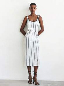 Maija Modern Urban Sleeveless White Striped Camisole Top And Cropped Waist Striped Mini Skirt Set For Women, Spring/Summer