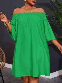 Slaydiva Plus Size Women Off-Shoulder Elegant Office & Holiday A-Line Dress,Summer Outfits For Women,Sun Dresses For Women - Green - View 3