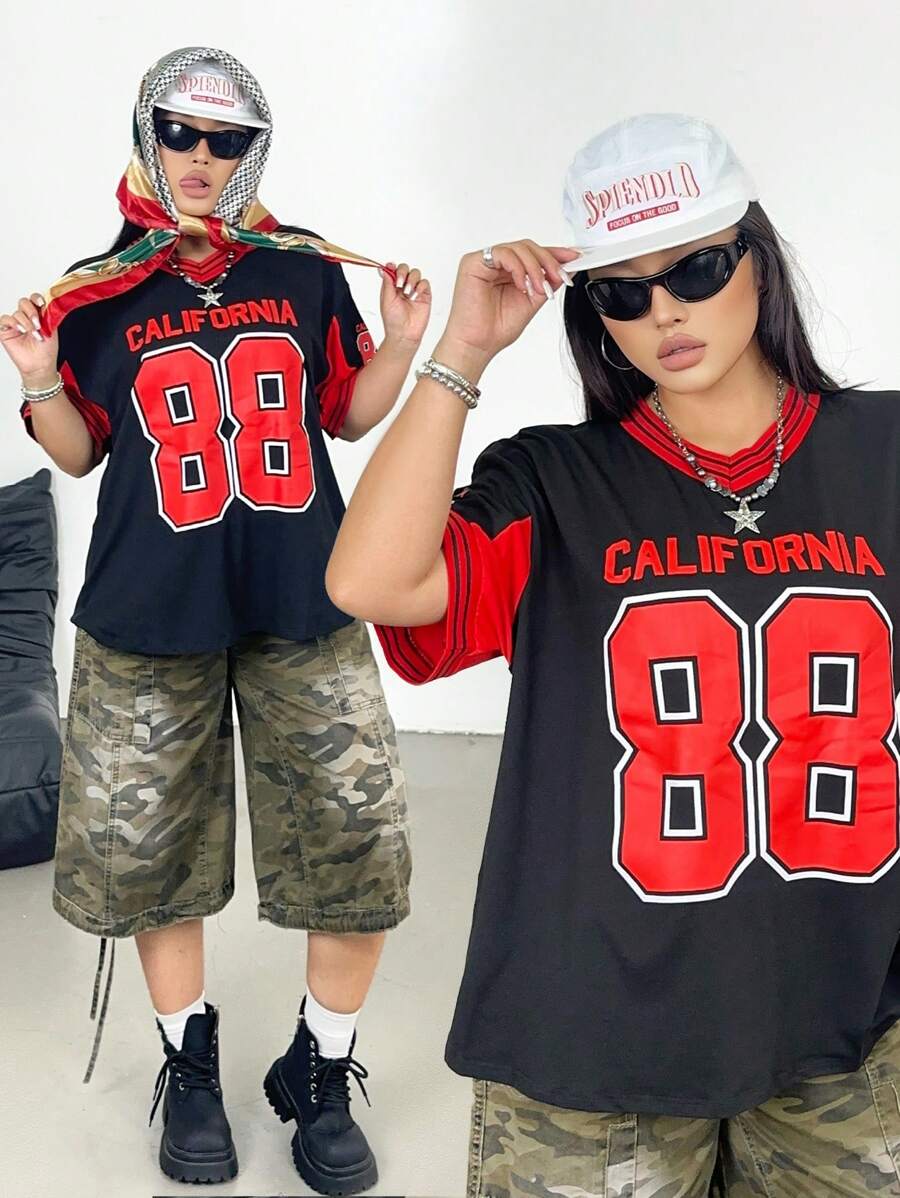 Flirla Camiseta de manga corta con estampado gráfico, cuello de canalé y talla grande