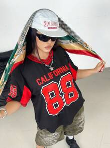 Flirla Camiseta de manga corta con estampado gráfico, cuello de canalé y talla grande