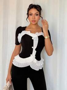 Chiquease 夏季新款上衣 - 拼色褶皱荷叶边短袖衬衫，优雅教师节衬衫，适合约会、日常穿着 - 黑色 - 查看 3