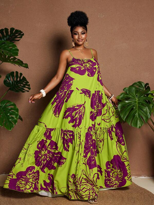 Maweii Plus Size Summer Floral Print Loose Camisole Dress