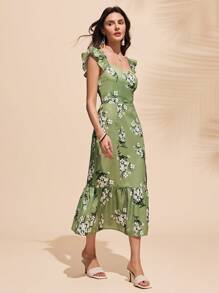 Chiquease 女士优雅碎花方领度假风中长连衣裙 - 淺綠色 - 查看 4