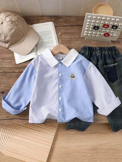 SHEIN 小男孩熊刺绣格子长袖衬衫