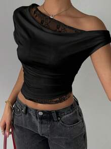 Siren Gaze Women's Asymmetrical Shoulder Splice Black Lace Short Sleeve T-Shirt Crew Neck Top, Summer Casual - Black - View 2
